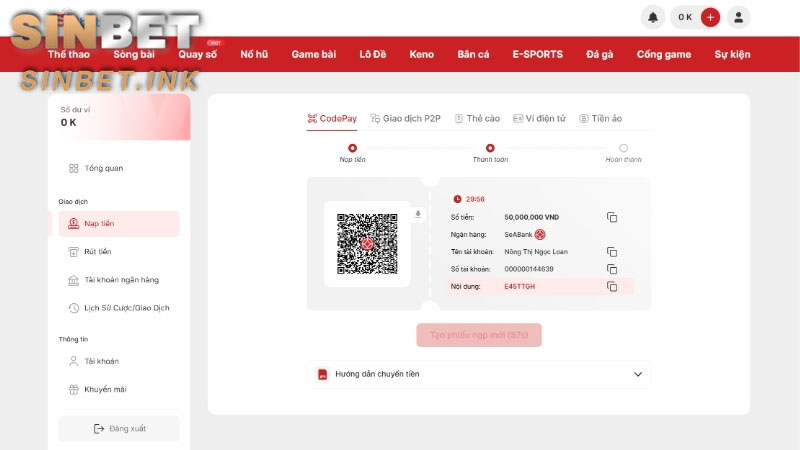 NẠP TIỀN SINBET - HƯỚNG DẪN CÁCH THAO TÁC THÀNH CÔNG 5 NẠP TIỀN SINBET