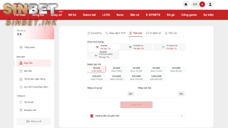 NẠP TIỀN SINBET - HƯỚNG DẪN CÁCH THAO TÁC THÀNH CÔNG 4 NẠP TIỀN SINBET